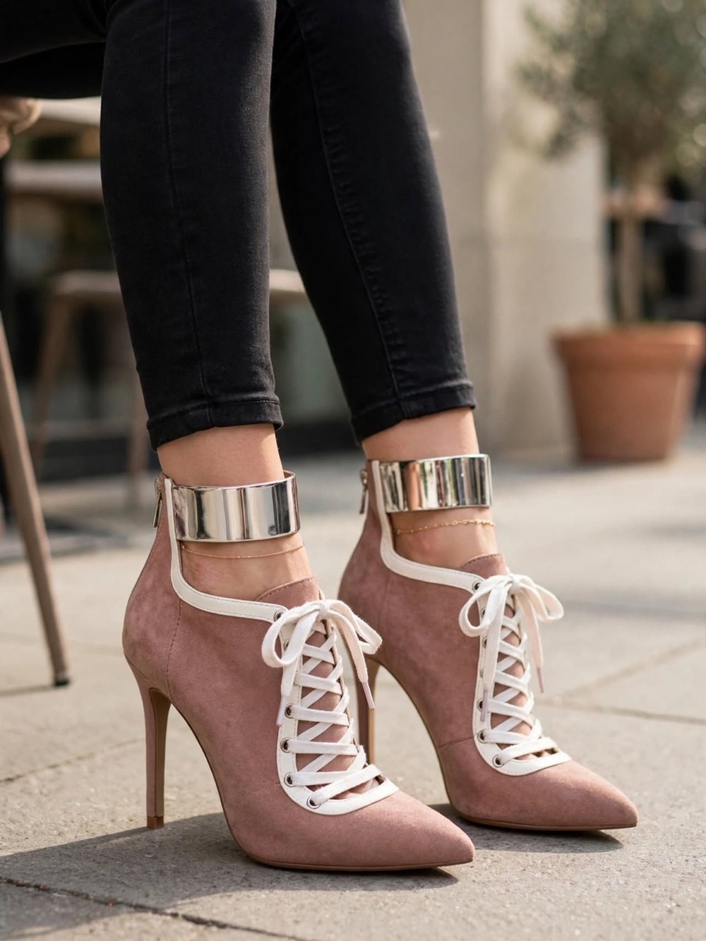 Shoe Dazzle Mauve Suede Lace-Up Stiletto Heels with Cream Trim